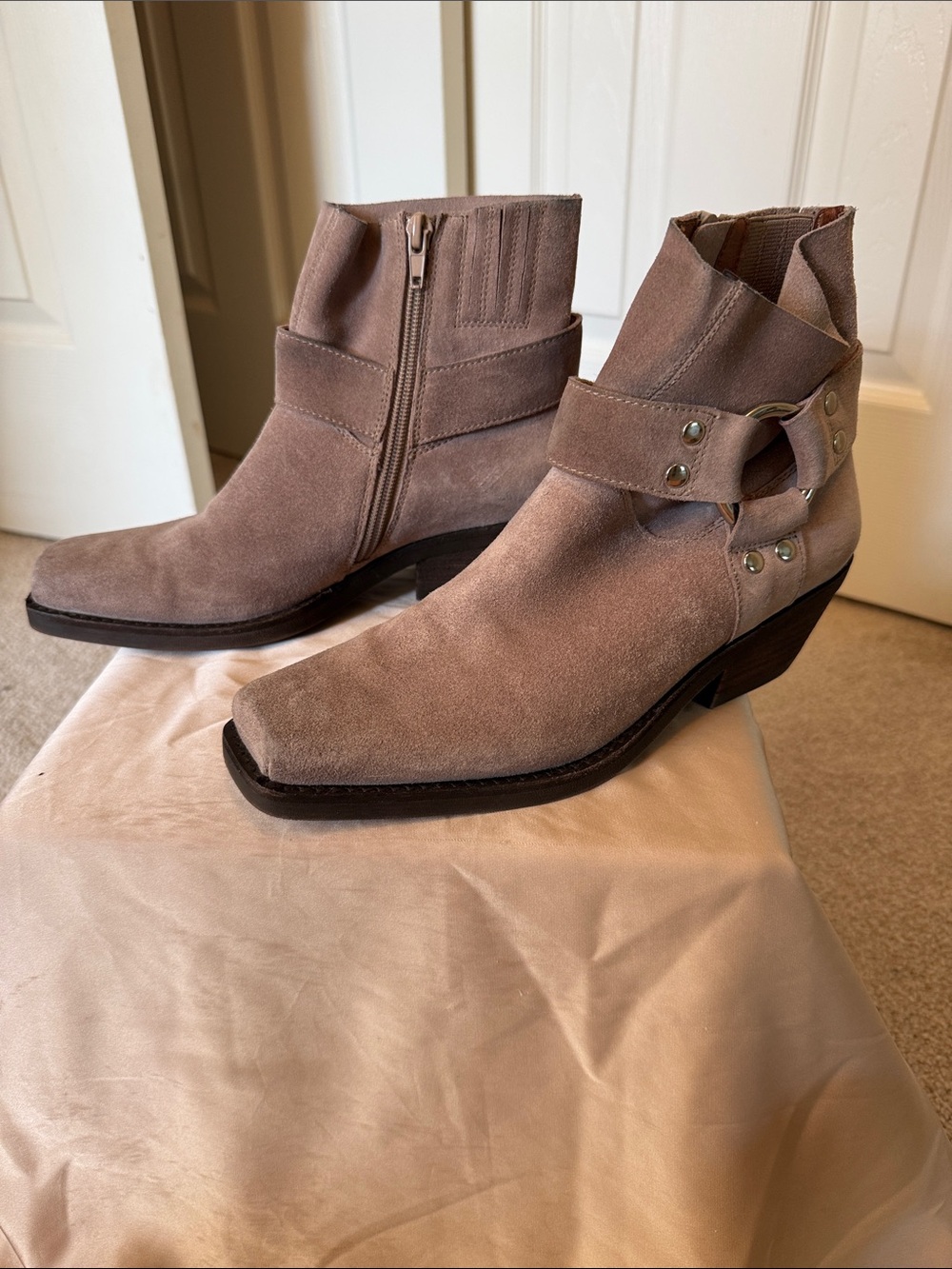 Jeffrey Campbell Taupe Suede Ankle Booties with Harness Strap